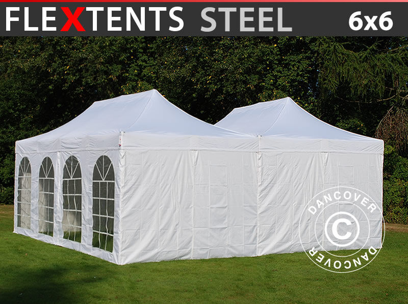 Dancover Foldetelt FleXtents Easy up pavillon Steel 6x6m Hvid, inkl. 8 sider