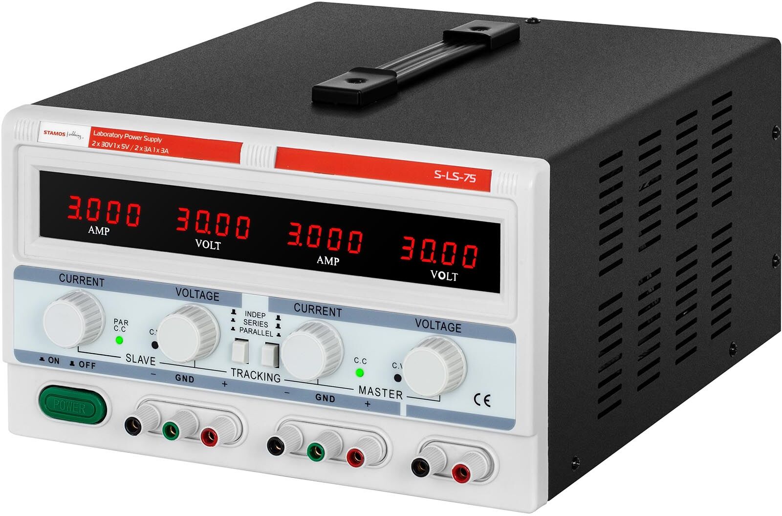Stamos Soldering Strømforsyning - 2 x 0-30 V/ 0-3 A DC - 1 x 5 V / 3 A - 180 W Stamos Soldering Strømforsyning - 2 x 0-30 V/ 0-3 A DC - 1 x 5 V / 3 A - 180 W