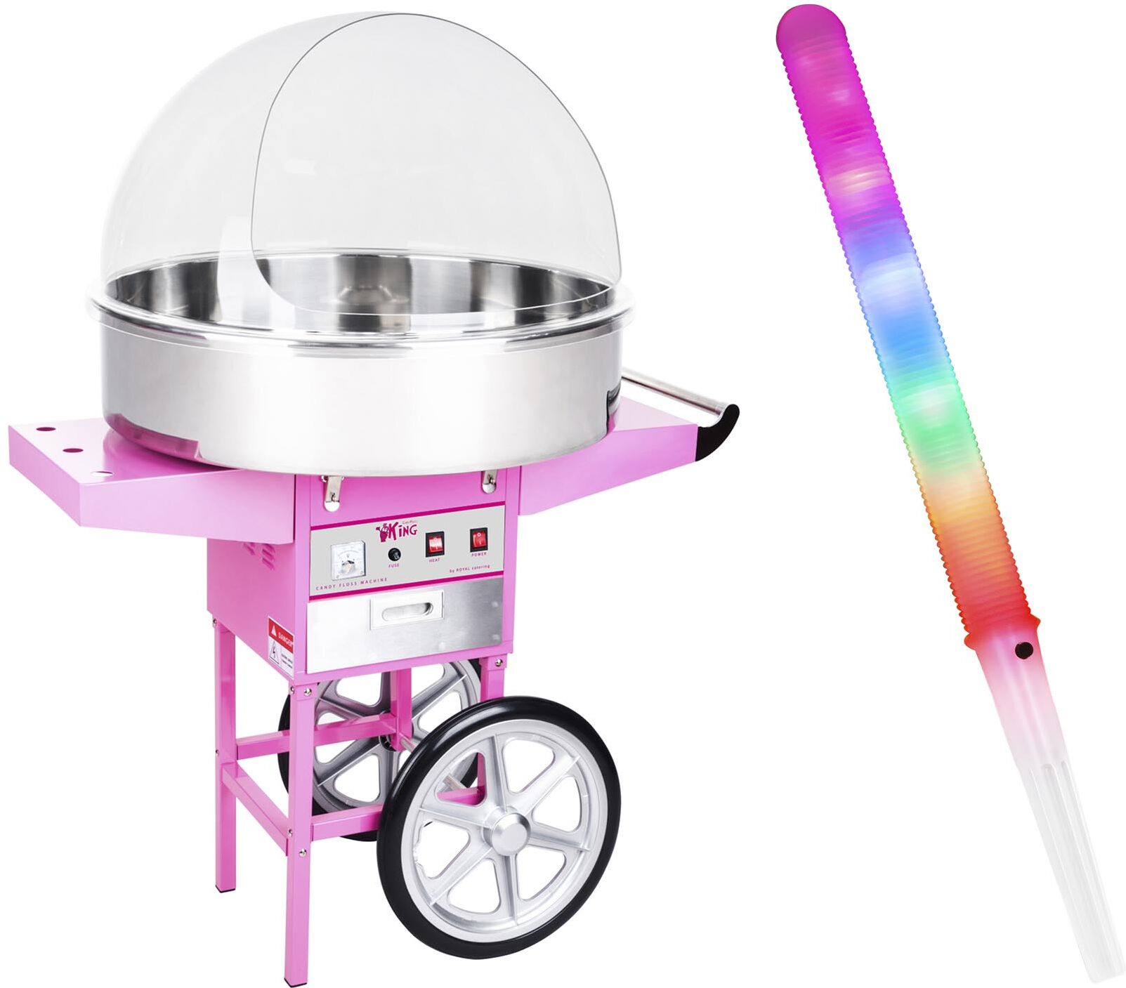 Royal Catering Candyfloss-maskine - sæt inkl. 100 stk. candyfloss-pinde LED og beskyttelseskuppel 72 cm - 1.200 W