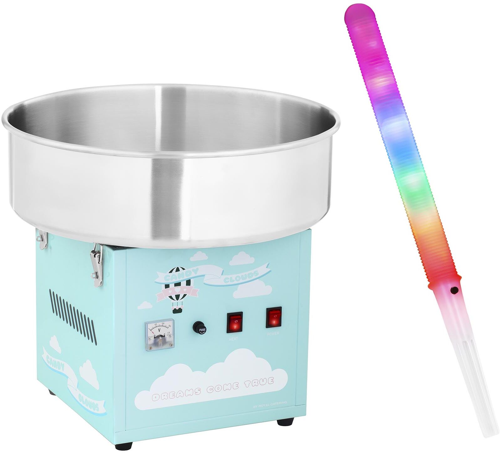 Royal Catering Candyfloss-maskine - sæt inkl. 50 stk. candyfloss-pinde LED - 52 cm - 1.200 W - turkis Royal Catering Candyfloss-maskine - sæt inkl. 50 stk. candyfloss-pinde LED - 52 cm - 1.200 W - turkis