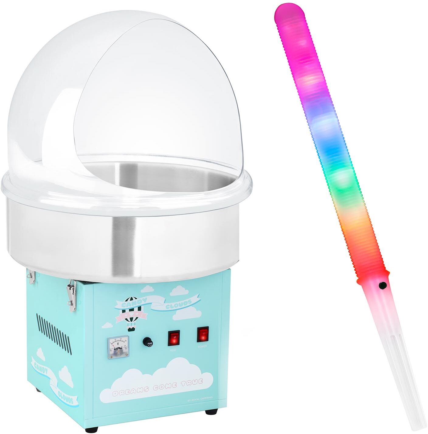 Royal Catering Candyfloss-maskine - sæt inkl. candyfloss-pinde LED og beskyttelseskuppel - 52 cm - 1.200 W - turkis