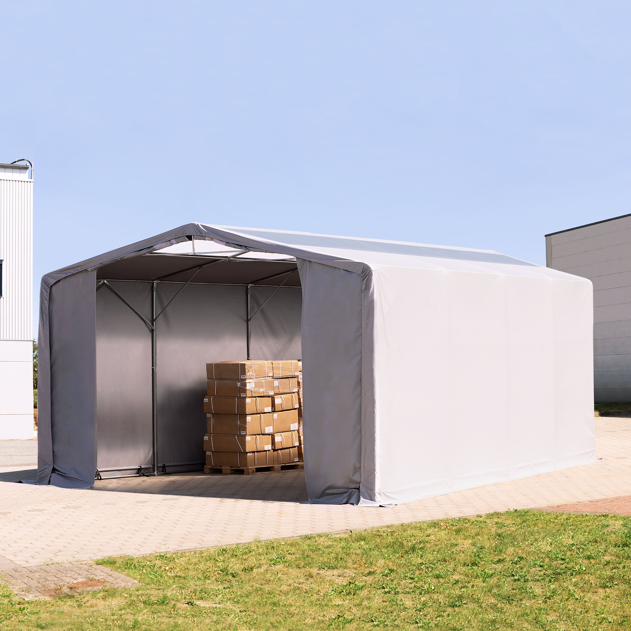 TOOLPORT Telthal 8x8m PVC 550 g/m² grå 100 % vandtæt Industriezelt grå TOOLPORT Telthal 8x8m PVC 550 g/m² grå 100 % vandtæt Industriezelt grå