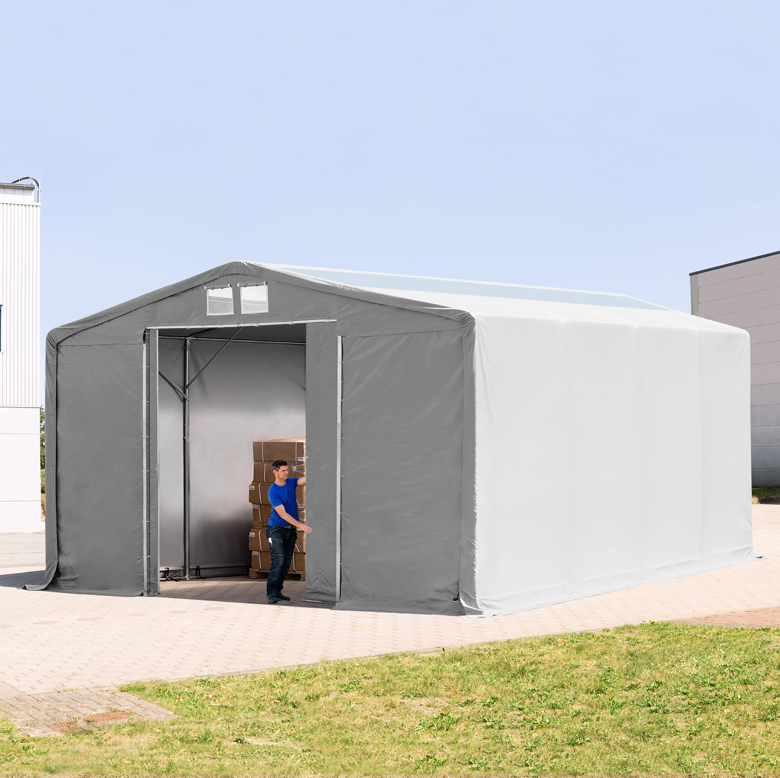 TOOLPORT Telthal 8x8m PVC 550 g/m² grå 100 % vandtæt Industriezelt grå TOOLPORT Telthal 8x8m PVC 550 g/m² grå 100 % vandtæt Industriezelt grå