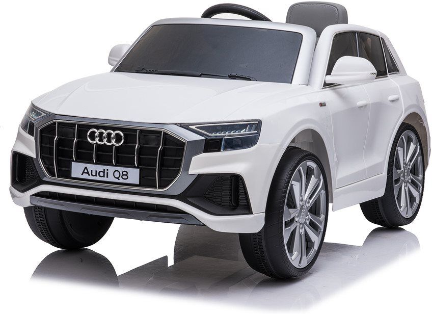 hjemmeudstyr Audi Q8, 12v Med Lædersæde Og Gummidæk, Hvid hjemmeudstyr Audi Q8, 12v Med Lædersæde Og Gummidæk, Hvid
