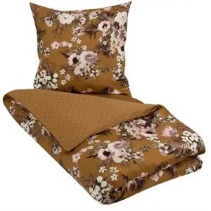 Borg Living Blomstret sengetøj - 140x200 cm - Flowers & Dots - Karryfarvet sengesæt - Vendbar design - 100% Økologisk Bomuldssatin