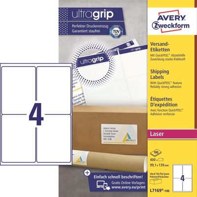 Avery L7169 Etiketter 99,1x139 Mm 400 Stk. Avery L7169 Etiketter 99,1x139 Mm 400 Stk.