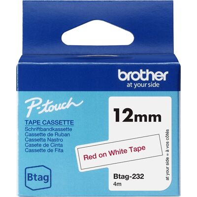 Brother Btag-232 Labeltape, 12mm, Rød På Hvid Brother Btag-232 Labeltape, 12mm, Rød På Hvid