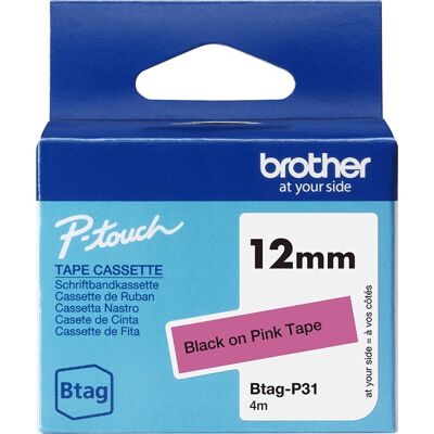 Brother Btag-P31 Labeltape, 12mm, Sort På Lyserød Brother Btag-P31 Labeltape, 12mm, Sort På Lyserød