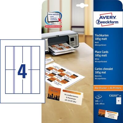 Avery Hvide Mikroperforerede Bordkort - 110x40mm - Pakke med 100 Avery Hvide Mikroperforerede Bordkort - 110x40mm - Pakke med 100