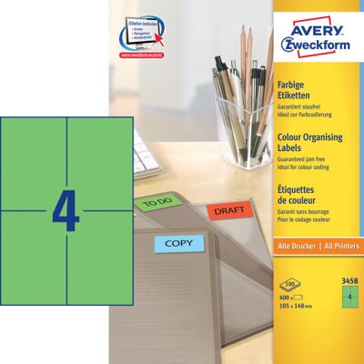 Avery 3458 Etiketter 105x148mm Grøn 400 Stk. Avery 3458 Etiketter 105x148mm Grøn 400 Stk.