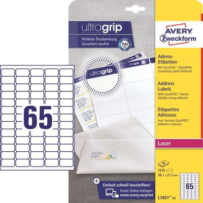 Avery L7651 Etiketter 38,1x21,2 Mm 1625 Stk. Avery L7651 Etiketter 38,1x21,2 Mm 1625 Stk.