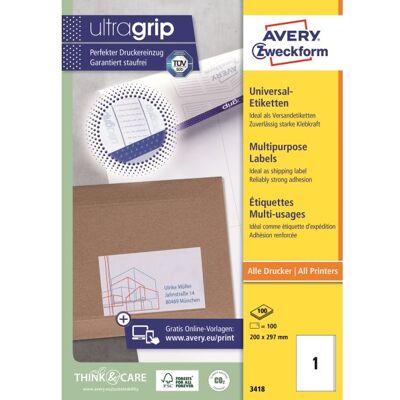 Avery Universaletiketter 200 X 297 Mm 100 Stk. Avery Universaletiketter 200 X 297 Mm 100 Stk.
