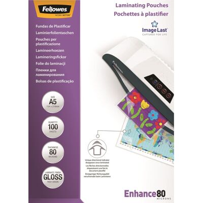 Fellowes Enhance 80 Mic A5 Lamineringslomme, Gloss Fellowes Enhance 80 Mic A5 Lamineringslomme, Gloss