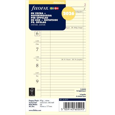 Filofax 2026 Refill Personal Uge + Notat Filofax 2026 Refill Personal Uge + Notat