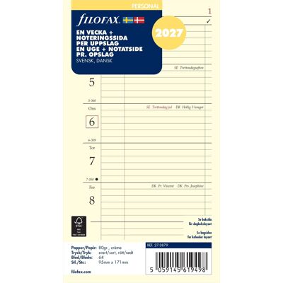 Filofax 2027 Refill Personal Uge + Notat Filofax 2027 Refill Personal Uge + Notat