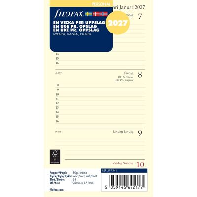 Filofax 2027 Refill Personal Uge Tværformat Filofax 2027 Refill Personal Uge Tværformat