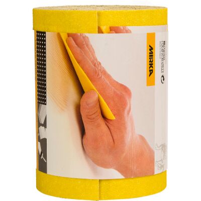 Gul slibepapirrulle fra Mirka - P120 - Slibning af træ, maling, gips Gul slibepapirrulle fra Mirka - P120 - Slibning af træ, maling, gips