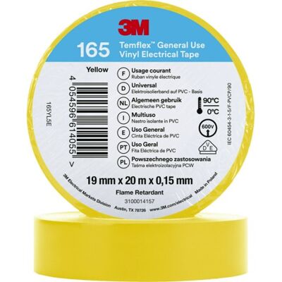 3M Temflex 165 PVC Elektrisk Tape - Gul - 19mm x 20m 3M Temflex 165 PVC Elektrisk Tape - Gul - 19mm x 20m