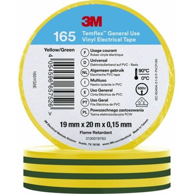 3M - Temflex 165 - 19mm x 20m - Gul/Grøn - Electrical Tape 3M - Temflex 165 - 19mm x 20m - Gul/Grøn - Electrical Tape