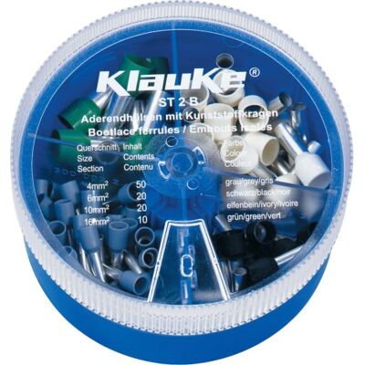 Klauke ST2B Udvalg af isolerede kabelenderhylstre - Klauke ST2B Assortiment d'embouts simples 4 mm² 16 mm² grå, sort, elfenben, grøn 110 stk Klauke ST2B Udvalg af isolerede kabelenderhylstre - Klauke ST2B Assortiment d'embouts simples 4 mm² 16 mm² grå, sort, elfenben, grøn 110 stk
