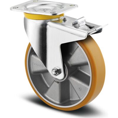 Tente hjul med bremse - Tung stålgaffel, Aluminium fælg, Polyuretan hjulflade Tente hjul med bremse - Tung stålgaffel, Aluminium fælg, Polyuretan hjulflade