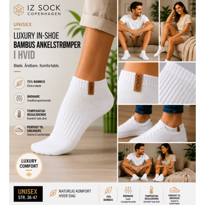 IZSOCK Iz Sock Copenhagen Unisex Luxury In-Shoe Bambus Ankelstrømper I Hvid Hvid 44 - 46 IZSOCK Iz Sock Copenhagen Unisex Luxury In-Shoe Bambus Ankelstrømper I Hvid Hvid 44 - 46