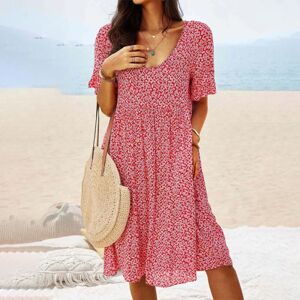 Sexydance Kvinder Kortærmet Summer Beach Sundress Blomsterprint Midi-kjole Red L