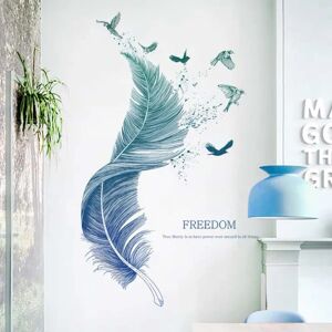Wallsticker FEATHER i blå I vægmalerier: 72x124 cm I væg tatovering stue moderne ordsprog fugl I vægdekoration til køkken soveværelse badeværelse entre