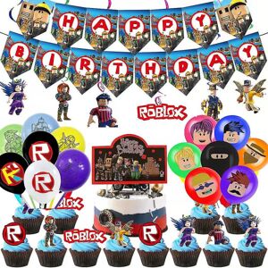 60 stk Roblox Fest dekoration Sæt Bannere Ballon Kage Toppers Swirls