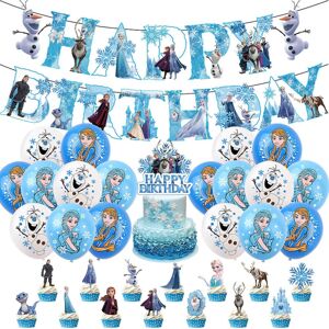Fødselsdagsfest med frosset tema og tilbehør til børn inkluderer tillykke med fødselsdagen banner, kage/cupcake toppers, balloner