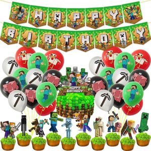 Minecraft Børn Tillykke med fødselsdagen Fest dekoration Kit Balloner Banner Kage Cupcake Topper Børn