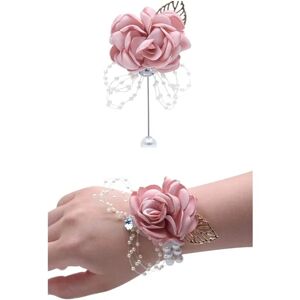 Rose bryllup håndled Corsage og Boutonniere sæt Fest Prom Håndbånd Blomsterdragt dekoration (Champagne Pink)