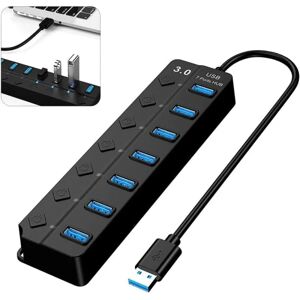 USB 3.0 Hub, Multi 7 Port USB Power Strip med uafhængig switch, Powered USB 3.0 Hub, Multipel USB Port til PC, Laptop