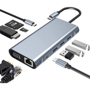 USB C HUB, USB C Adapter 10-i-1, dockingstation med 4K-HDMI, USB 3.0, SD/TF-kortlæser, kompatibel med MacBook Pro/Air og andre Type C-enheder