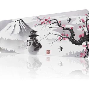 Japansk Cherry Blossom-musemåtte (31,5 × 11,8 × 0,12 tommer) Forlænget stor musemåtte Skrivebordsunderlag, musemåtte med syede kanter, Gaming-musemåtte XL