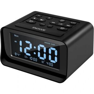 Dobbelt vækkeurradio, digitalt vækkeur med 2 USB-opladningsporte, 0-100 % dæmpbar, justerbar lydstyrke, indendørs termometer（sort）
