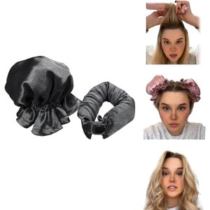 Satin Heatless Hair Curler 2 Sæt, Hårruller Til Heatless Krøller Med Hårhætter, Blød Curling Rod Pandebånd til langt hår, Curling Sæt Til Søvn Black