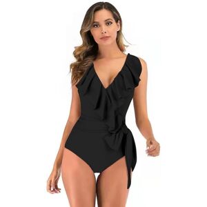 Kvinder V-hals One Piece Bikini Flæsede Højtaljede Rygløs Tankini Elegant badedragt Mavekontrol strandbadedragt Black S