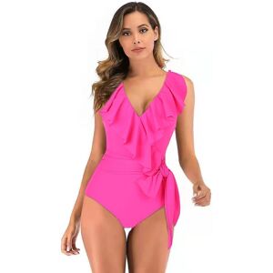 Kvinder V-hals One Piece Bikini Flæsede Højtaljede Rygløs Tankini Elegant badedragt Mavekontrol strandbadedragt Rose Red XXL