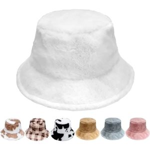 Vinter Bucket Hat - Dame Fluffy Fisherman Hat Blød imiteret pels Vinterhat Fuzzy Furry Varm Hat Tykke Bred Skygge Plys Hat til Kvinder Piger，Hvid