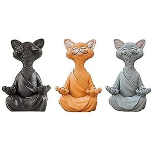Parti med 3 kattestatuer i meditation - glad Buddha kat