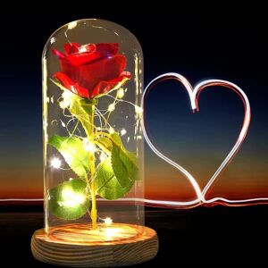 Glasrose, bedste gave til mor, rød rose med lys fortryllet rose i glaskuppel