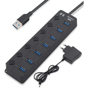 USB 3.0 Hub med strømadapter - 7-ports Black