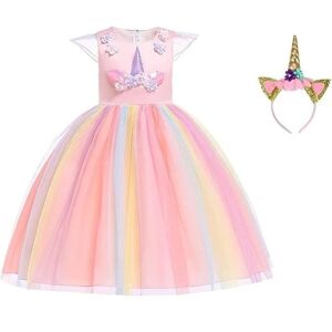 Unicorn kostumekjole til børn, enhjørningskørt til piger, ærmeløs festbeklædning til piger, fødselsdagstøj til fest, Unicorn halskæde（Pink）-WELLNGS 110
