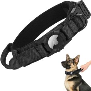 Taktisk Airtag-hundehalsbånd, Heavy Duty Air Tag-hundehalsbånd, Militærhundehalsbånd med æble-airtag-holder og håndtag Black S