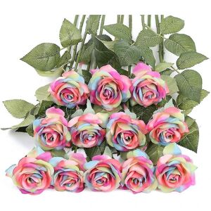 12 pakke kunstige regnbueblomster, regnbueroser buket falske regnbueroser ægte berøringsroser silkeblomster til blomster gør det selv hjemme ons