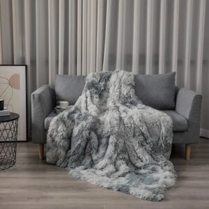 AVANA Tæppe, Fluffy Faux Fur Tæppe, Grey Fleece Throw, Sengetæppe, S