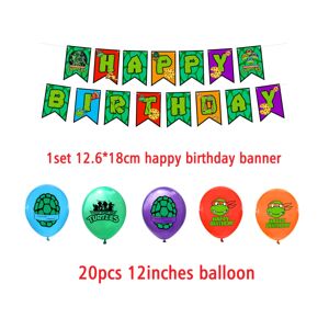 2-PACK Teenage Mutant Ninja Turtles Tema Børnefødselsdagsfest dekorationssæt Alfabet Flag Kage Indsæt Flag Indsæt række Latex ballon pull flag balloon