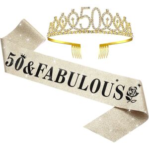 FLOWER LOST WILLBOND 50-års fødselsdags-sash og tiara-sæt til 50-års fødselsdag, 50 & fantastiske skærp og krone-festdekorationer (guld)