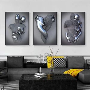 AUZHENCHEN Sæt med 3 kunst moderne plakater, 3D metal figur statue Art Love Heart Kiss